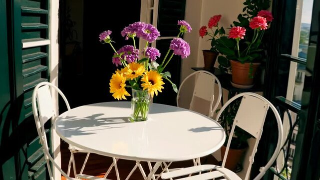 Aerial video view of a Parisian balcony with a round table, vibrant flowers, and cityscape, capturing a cozy, inviting atmosphere.