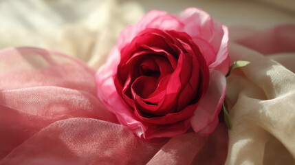 A beautiful close-up photo captures a vibrant dark red rose resting elegantly on soft flowing folds of delicate pink and cream silk fabric, creating a romantic scene.