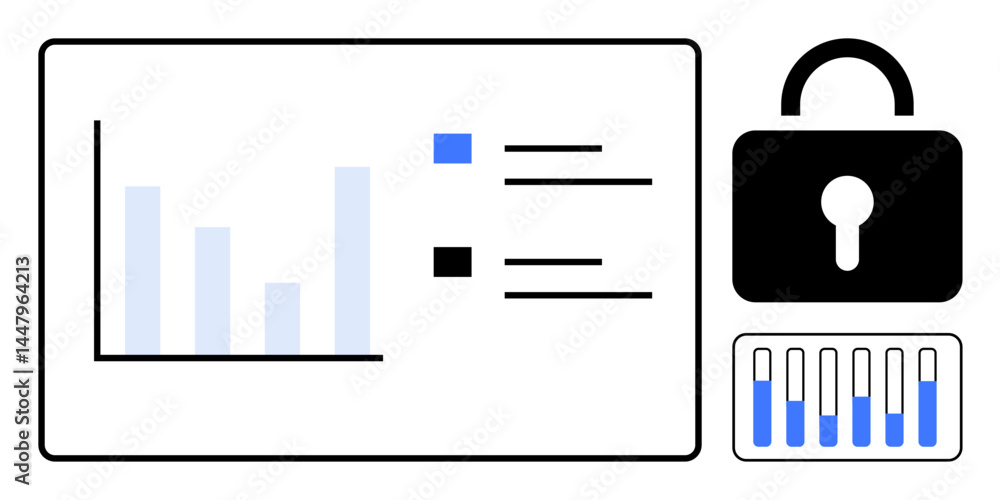 Poster data dashboard with bar chart, bullet list, security lock, and progress diagram. ideal for cybersecu