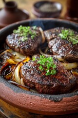 Delicious grilled steaks with caramelized onions and fresh herbs presented in a rustic dish.