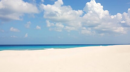 Obraz premium Tranquil Beach Scene With Turquoise Water, White Sand, And Puffy Clouds Under A Bright Blue Sky, Peaceful Coastal Getaway, Summer Season