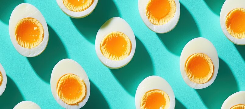 Halved hardboiled eggs with bright yellow yolks on teal background