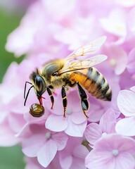 Pastel background bee gathering nectar from hydrangea realistic mockup soft hues with natural sunlight detail