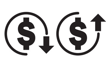 Money increase or decrease icon set. dollar decrease increase symbol. profit and lose signs.