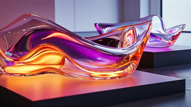 Colorful glass sculptures with vibrant lighting displayed on sleek platforms in a modern gallery