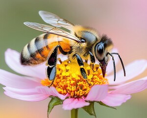 Pastel background bee sipping nectar from orange cosmos flower realistic photo mockup bright and vibrant composition