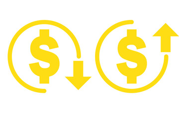 Money increase or decrease icon set. dollar decrease increase symbol. profit and lose signs.