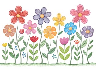 Hand drawn colorful flowers on white background