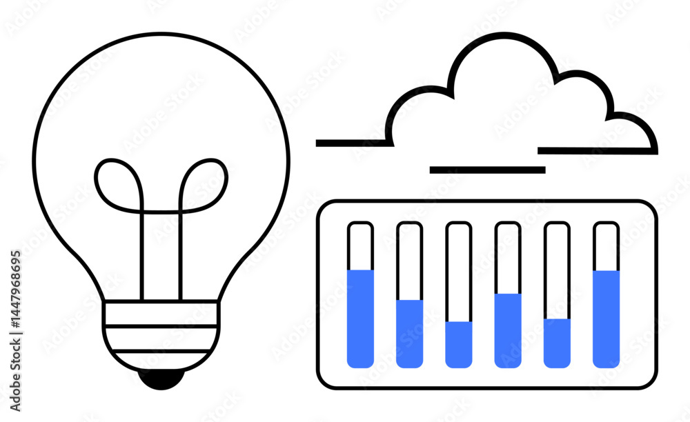 Poster lightbulb beside cloud and vertical data bars in modern graphic style. ideal for innovation, data an