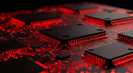 Circuit Board with Glowing Red Components