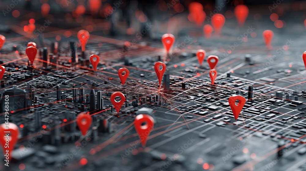 Poster abstract cityscape map network digital technology location pins red markers global positioning syste