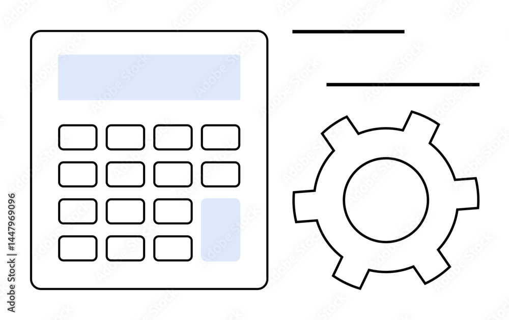 Aufkleber calculator with numeric keypad next to gear icon, symbolizing finance, optimization, and automation.