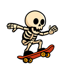 Cartoon skeleton riding skateboard. Funny Halloween character doing skateboard trick. Cool spooky skeleton in action pose, isolated on white background