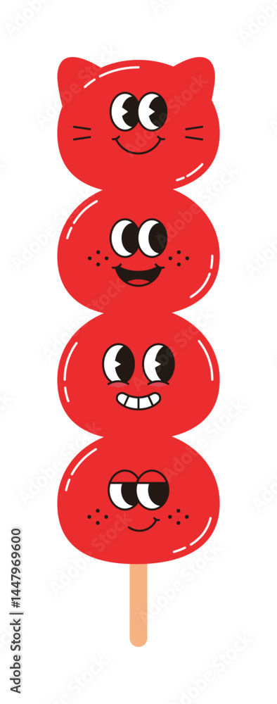 Poster adorable skewered characters featuring playful red faces with expressive eyes and unique smiles, top