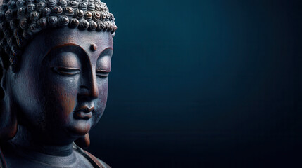 Close-up of a serene Buddha statue with a meditative expression against a dark teal background, conveying peace, spirituality, and inner harmony beautifully.