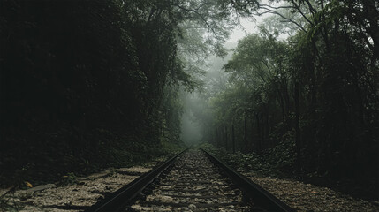 Fototapeta premium Rail rails on sleepers in the middle of a green forest in the evening in clear weather. Background on the theme of rail travel by train. Aerial overhead drone shot