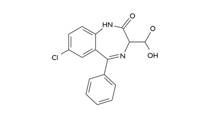 clorazepate molecule, structural chemical formula, ball-and-stick model, isolated image benzodiazepine derivative