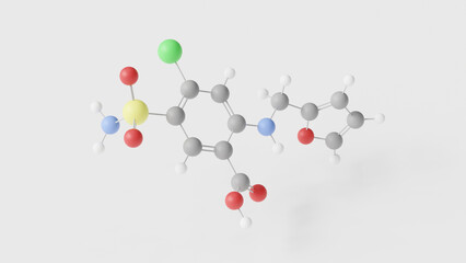 furosemide molecule 3d, molecular structure, ball and stick model, structural chemical formula loop diuretic