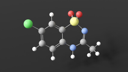 diazoxide molecule 3d, molecular structure, ball and stick model, structural chemical formula antihypertensive agent
