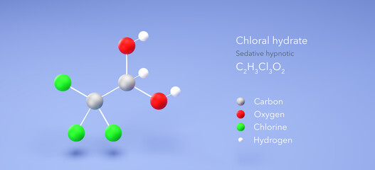 chloral hydrate molecule, molecular structure, sedative hypnotic 3d model, Structural Chemical Formula and Atoms with Color Coding