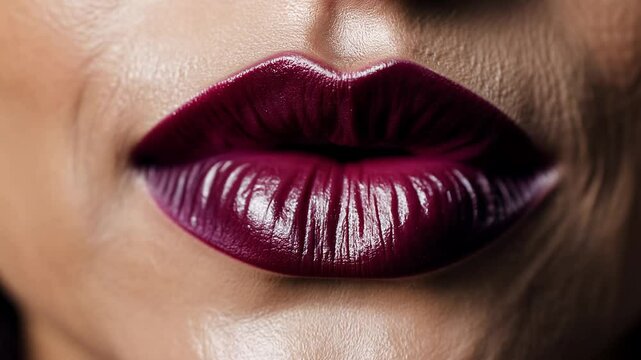 Close-up slow zoom video, older onyx woman and young beige woman kissing, seductive wine matte lips, dramatic side lighting Concept of velvety sophistication and diverse intimacy