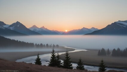 Fototapeta premium Peaceful mountain range with golden sunlight