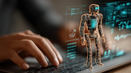 Holographic robot assistant projected from laptop with data visualization