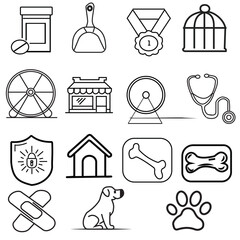 Pet Care Essentials Icon Set: Medicine, Cage, Dog, House, and More, Animal Health and Care Icons: Stethoscope, Pet Store, Dog, Medicine, and Trophy. Pet Supplies and Healthcare Icons