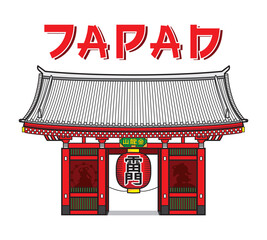 Japan symbols with famous entrance with large lantern Asakusa senso ji temple kaminarimon with Japanese text meaning Thunder gate drawing in colorful cartoon vector