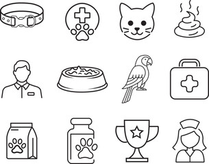Pet Care Icon Set: Collar, Cat, Parrot, Food, Medicine, Trophy, and More. Pet Accessories and Care Icons. Animal Care Symbols. Pet Care Icons Collection. 