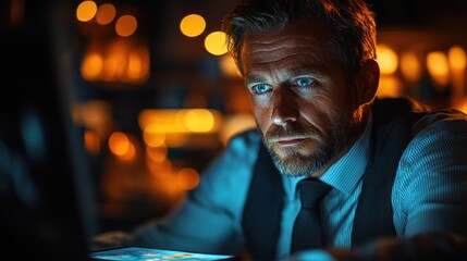 Night Businessman Concentrated on Tablet