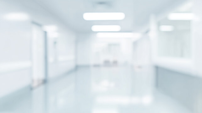 Bright, empty defocused hospital corridor background with copy space.