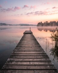 Fototapeta premium Serene sunrise over a foggy lake old wooden dock leading into tranquility nature photography calm waters with soft muted pink tones