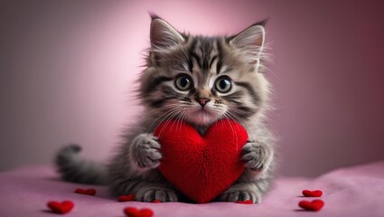 A cute, fluffy white kitten, a young feline pet, and an adorable red cat portrait all feature a heart