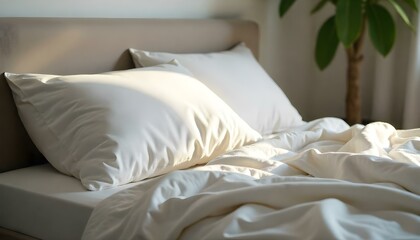 selective focus of empty bed with white pillow and blanket