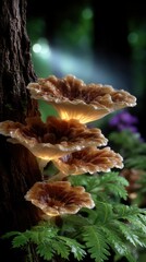 Unique glowing mushrooms grow on a tree trunk in a forest during twilight hours