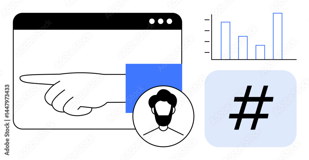 Poster hand extending from a browser window, user avatar profile, bar chart, and metadata tag symbol. ideal