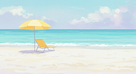 Beach scene with yellow umbrella and chair, ideal for summer vacation promotions