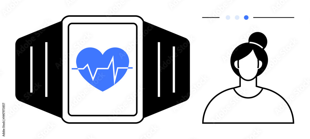 Poster smartwatch with heart rate monitor displaying a pulse icon, next to a user profile avatar and step i