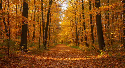 Autumn path in golden forest, for fall themed designs