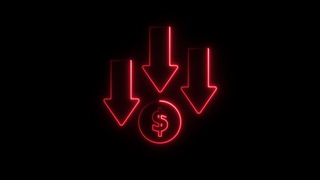 Glowing neon line of dollar sign icon. Dollar rate decrease icon animation . Money symbol with stretching arrow down. Rising prices. Business cost sale icon.