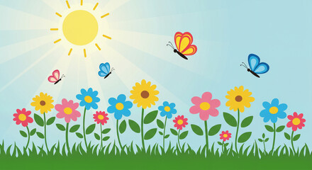 Colorful flowers and butterflies in sunny meadow, for springtime cards