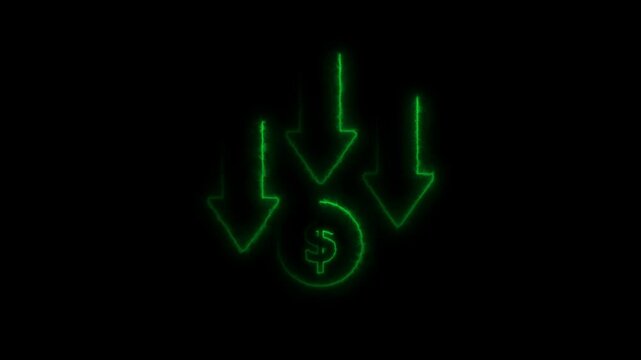 Glowing neon line of dollar sign icon. Dollar rate decrease icon animation . Money symbol with stretching arrow down. Rising prices. Business cost sale icon.