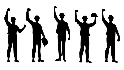 Featuring construction workers with raised fists in celebratory poses