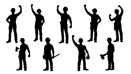 Featuring construction workers with raised fists in celebratory poses