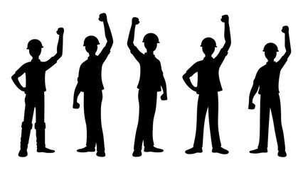 Featuring construction workers with raised fists in celebratory poses