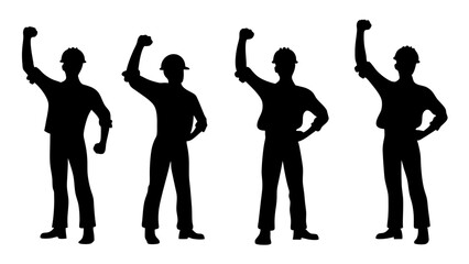 Featuring construction workers with raised fists in celebratory poses