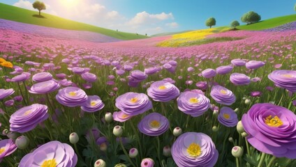 A vibrant purple garden, bright skies, and sunlit peaks promote relaxation and positive mental health.