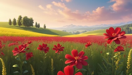 Endless red poppies glowing in sunlight near mountains offer a calming space for reflection and outdoor enjoyment.