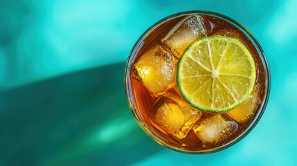 Amber iced tea poured with ice cubes on warm orangeyellow background